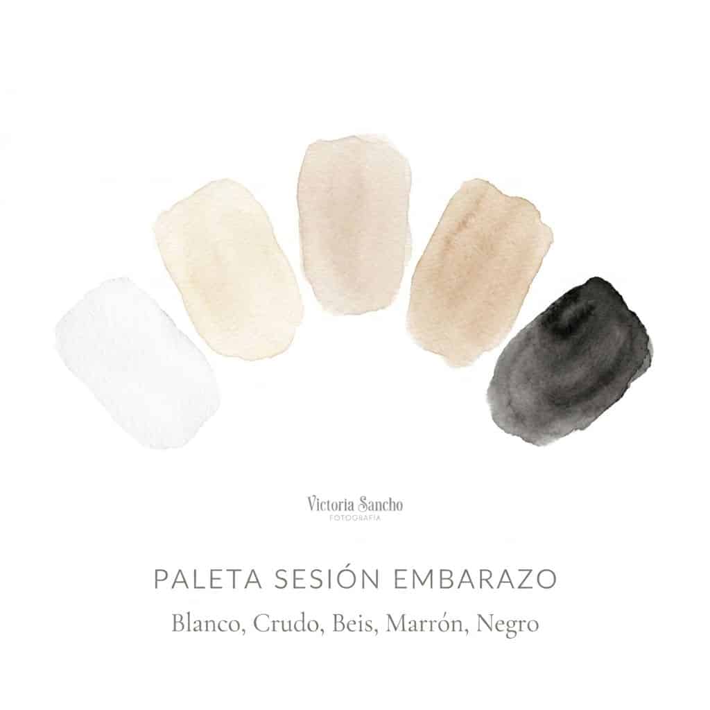 Paleta de colores neutros para sesión de fotos de embarazo: blanco, crudo, beige, marrón y negro por Victoria Sancho Fotografía.